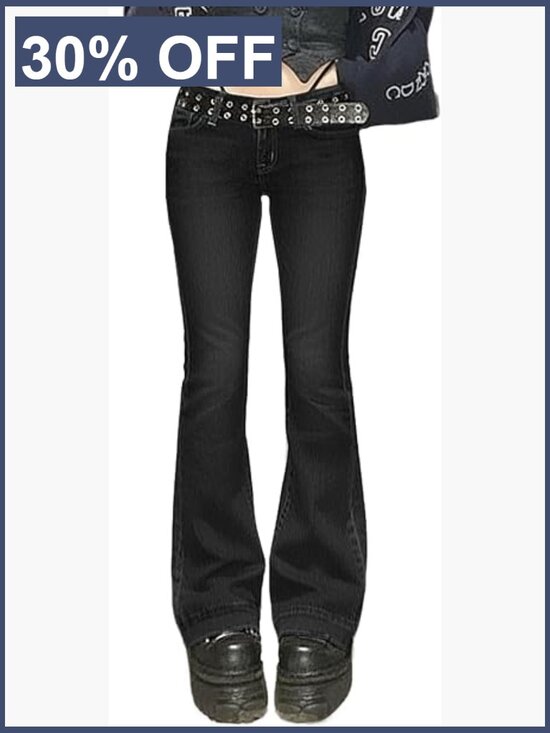 Denim - Women Bell Bottom Jeans Stretchy Flare Mid Rise Embroidery Vintage Denim 90s Y2k